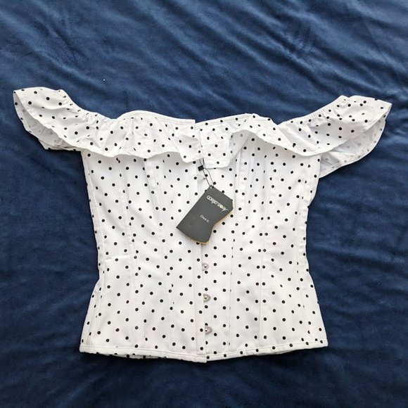 POLKA DOT STRAIGHT BUSTLINE CORSET TOP WITH OFF THE SHOULDER SLEEVES- 24"